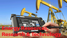 foreground text "energy resources,research and technology" with a computer tablet just behind the text, and three yellow oil derricks in the background